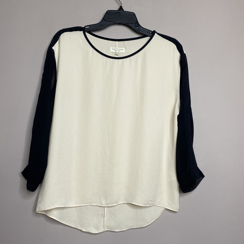 Rag & Bone Crepe Ivory Boxy Top Semi Sheer 3/4 Black Sleeves Blouse Size Small